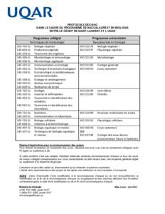 PROTOCOLE DEC-BAC DANS LE CADRE DU PROGRAMME DE BACCALAURÉAT EN BIOLOGIE ENTRE LE CÉGEP DE SAINT-LAURENT ET L’UQAR Programme collégial Techniques de bioécologie