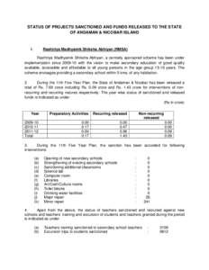 STATUS OF PROJECTS SANCTIONED AND FUNDS RELEASED TO THE STATE OF ANDAMAN & NICOBAR ISLAND I.  Rashtriya Madhyamik Shiksha Abhiyan (RMSA)