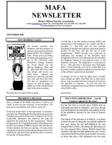 MAFA NEWSLETTER Mount Allison Faculty Association email: [removed], Room G2, Centennial Hall Tel: [removed]Fax: [removed]E-mail:[removed] Web: www.mafa.ca