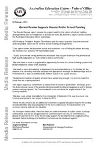 Media Release  Australian Education Union - Federal Office Ground Floor, 120 Clarendon Street, Southbank, Victoria, 3006 Phone : +[removed] Fax : +[removed] Email : [removed] Website : www.aeu