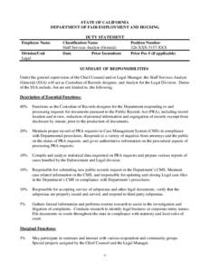 STATE OF CALIFORNIA DEPARTMENT OF FAIR EMPLOYMENT AND HOUSING Employee Name Division/Unit Legal