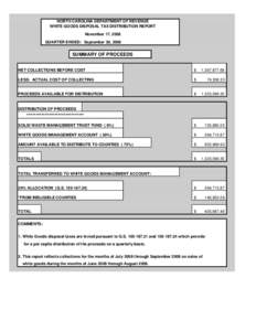 NORTH CAROLINA DEPARTMENT OF REVENUE WHITE GOODS DISPOSAL TAX DISTRIBUTION REPORT November 17, 2008 QUARTER ENDED: September 30, 2008  SUMMARY OF PROCEEDS