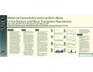 Maternal Comorbidity and Live Birth Rates in the Dialysis and Renal Transplant Populations Allan J. Collins, MD, FACP1, 2, Eric D. Weinhandl, MS1, David T. Gilbertson, PhD1 1United States Renal Data System, Minneapolis M