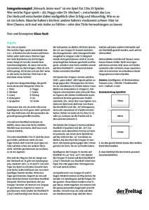 Integrationsspiel „Mensch, leiste was!“ ist ein Spiel für 2 bis 10 Spieler. Wer welche Figur spielt – Ali, Peggy oder Dr. Michael –, entscheidet das Los. Die Herkunft entscheidet dabei maßgeblich über Erfolg u