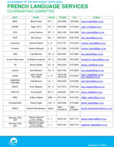 GOVERNMENT OF THE NORTHWEST TERRITORIES  FRENCH LANGUAGE SERVICES COORDINATING COMMITTEE DEPT