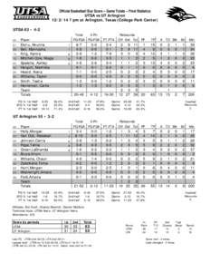 Official Basketball Box Score -- Game Totals -- Final Statistics UTSA vs UT Arlington[removed]pm at Arlington, Texas (College Park Center) UTSA 63 • 4-2 ##