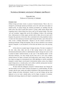 Purnendra Jain, National Interest and Japan’s Foreign Aid Policy, Kokusai Mondai (International Affairs), No.637, December 2014 NATIONAL INTEREST AND JAPAN`S FOREIGN AID POLICY Purnendra Jain Professor of University of