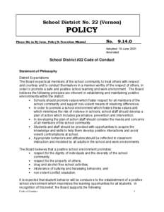 School District No. 22 (Vernon)  POLICY Please file in By-Laws, Policy & Procedure Manual  No.