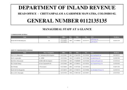 DEPARTMENT OF INLAND REVENUE HEAD OFFICE - CHITTAMPALAM A GARDINER MAWATHA, COLOMBO 02. GENERAL NUMBER[removed]MANAGERIAL STAFF AT A GLANCE COMMISSIONER GENERAL
