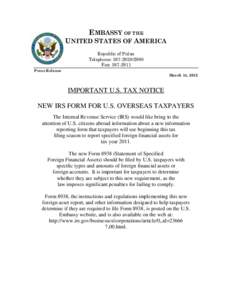 EMBASSY OF THE UNITED STATES OF AMERICA Republic of Palau Telephone: [removed]Fax: [removed]Press Release