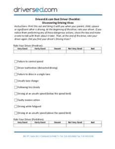 DriversEd.com Best Driver Checklist: Discovering Driving Vices Instructions: Print this out and bring it with you when your parent, child, spouse or significant other is driving. At the beginning of the drive, rate your 