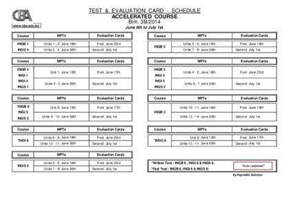 TEST & EVALUATION CARD - SCHEDULE ACCELERATED COURSE Bim. 3B/2014 www.cba.edu.bo Course