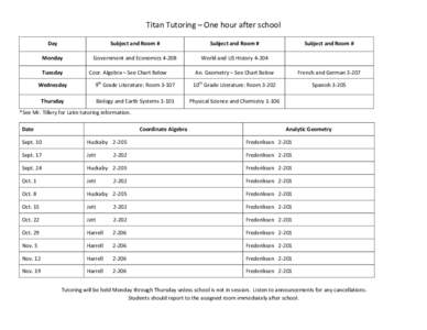 Titan Tutoring – One hour after school Day Subject and Room #  Subject and Room #