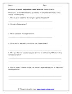 Baseball Hall of Fame Short Answer Questions