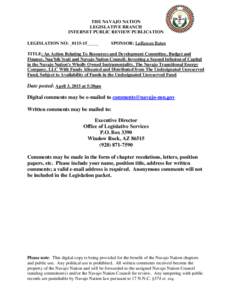 THE NAVAJO NATION LEGISLATIVE BRANCH INTERNET PUBLIC REVIEW PUBLICATION LEGISLATION NO: _0115-15_____  SPONSOR: LoRenzo Bates