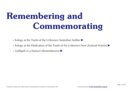 Remembering and Commemorating • Eulogy at the Tomb of the Unknown Australian Soldier