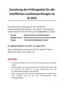 Zuordnung der Prüfungsteile für alle schriftlichen Leselistenprüfungen im SS 2015 Die Zuordnung der Prüfungsteile für alle schriftlichen Leselistenprüfungen (BA Leseliste I – BA, Leseliste – BA Hauptfach, Lesel