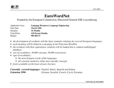 LE2[removed]EuroWordNet Funded by the European Commission, Directoral General XIII, Luxembourg Application Area: Start Date: