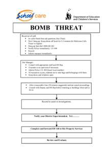 BOMB THREAT Receiver of call: • let caller finish then ask questions (See Chart) • Don’t hang up. Keep phone off hook for 2-3 minutes for Malicious Calls • •