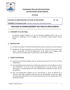 COMMISSION SCOLAIRE EASTERN SHORES EASTERN SHORES SCHOOL BOARD POLITIQUE POLITIQUE DE REMBOURSEMENT DES FRAIS DE DÉPLACEMENT