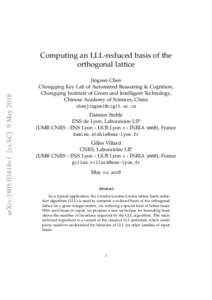 arXiv:1805.03418v1 [cs.SC] 9 MayComputing an LLL-reduced basis of the orthogonal lattice Jingwei Chen Chongqing Key Lab of Automated Reasoning & Cognition,