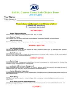 ExCEL Career Camp Lab Choice Form JUNE 9-11, 2015 Your Name: ________________________________ Your School: ________________________________ Please rank your top (5) program areas of interest as follows: