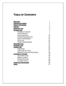 TABLE OF CONTENTS WELCOME PURPOSE STATEMENT PRIVACY STATEMENT PREFACE SPIRITUAL LIFE