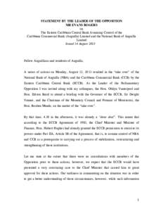 STATEMENT BY THE LEADER OF THE OPPOSITION MR EVANS ROGERS on The Eastern Caribbean Central Bank Assuming Control of the Caribbean Commercial Bank (Anguilla) Limited and the National Bank of Anguilla Limited