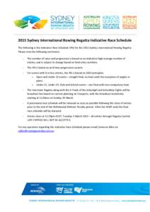 2015 Sydney International Rowing Regatta Indicative Race Schedule The following is the Indicative Race Schedule (IRS) for the 2015 Sydney International Rowing Regatta. Please note the following comments: -  The number of