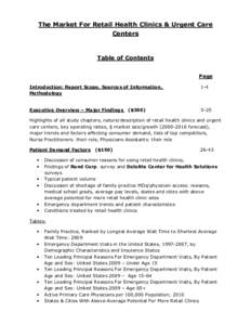 The Market For Retail Health Clinics & Urgent Care Centers Table of Contents Page Introduction: Report Scope, Sources of Information,