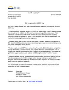 STATEMENT For Immediate Release 2013HLTH0119[removed]Nov. 20, 2013  Ministry of Health