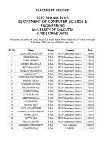 PLACEMENT RECORD 2010 Pass out Batch DEPARTMENT OF COMPUTER SCIENCE & ENGINEERING UNIVERSITY OF CALCUTTA