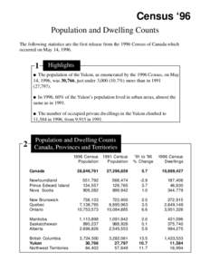 Census ‘96 Population and Dwelling Counts The following statistics are the first release from the 1996 Census of Canada which occurred on May 14, [removed]