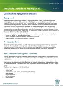 Industrial relations framework  Fact sheet Queensland Employment Standards Background