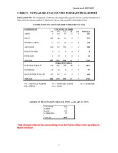 Current as of: [removed]SUBJECT: VIETNAM-ERA UNACCOUNTED FOR STATISTICAL REPORT BACKGROUND: The Department of Defense, Washington Headquarters Service, and the Department of State report the current numbers of America