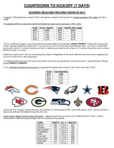 COUNTDOWN TO KICKOFF (7 DAYS) SCORING REACHED RECORD HIGHS IN 2013 A record 11,985 points were scored in 2013, with games averagingpoints, the highest average in NFL historyinThe seasons with the m