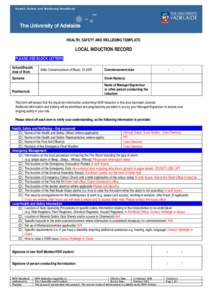 Health, Safety and Wellbeing Handbook  HEALTH, SAFETY AND WELLBEING TEMPLATE LOCAL INDUCTION RECORD PLEASE USE BLOCK LETTERS