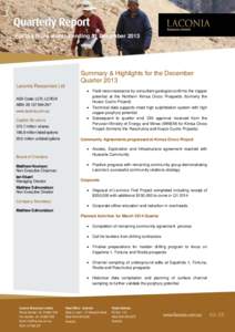 For the three months ending 31 December 2013 Summary & Highlights for the December Quarter 2013