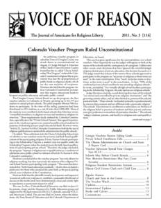 VOICE OF REASON The Journal of Americans for Religious Liberty 2011, NoColorado Voucher Program Ruled Unconstitutional