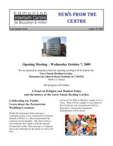 News from the Centre Late Summer Issue August 20, 2009