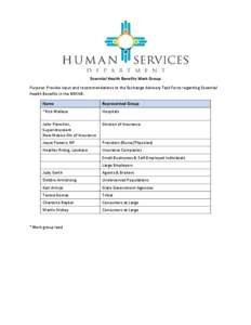 Essential Health Benefits Work Group Purpose: Provide input and recommendations to the Exchange Advisory Task Force regarding Essential Health Benefits in the NMHIX. Name  Represented Group