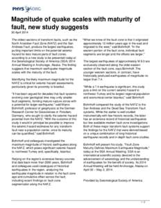 Magnitude of quake scales with maturity of fault, new study suggests