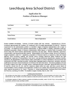 Leechburg Area School District Application for Position of Business Manager April 27, 2014  Last Name