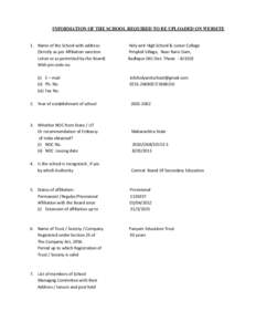 INFORMATION OF THE SCHOOL REQUIRED TO BE UPLOADED ON WEBSITE  1. Name of the School with address: (Strictly as per Affiliation sanction Letter or as permitted by the Board) With pin code no.