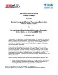 Testimony on Grid-Scale Energy Storage before the Senate Energy and Natural Resources Committee United States Senate