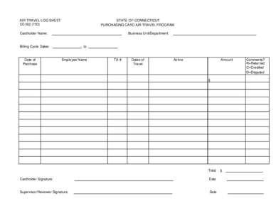 AIR TRAVEL LOG SHEET CO[removed]STATE OF CONNECTICUT PURCHASING CARD AIR TRAVEL PROGRAM