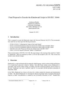 ISO/IEC JTC1/SC2/WG2 N3979 L2[removed]28 Final Proposal to Encode the Khudawadi Script in ISO/IEC[removed]Anshuman Pandey