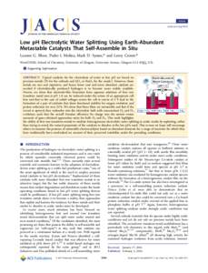 Article pubs.acs.org/JACS Low pH Electrolytic Water Splitting Using Earth-Abundant Metastable Catalysts That Self-Assemble in Situ Leanne G. Bloor, Pedro I. Molina, Mark D. Symes,* and Leroy Cronin*