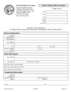 IL DEPARTMENT OF LABOR  CHILD LABOR COMPLAINT FORM Fair Labor Standards Division Compliance Processing Section