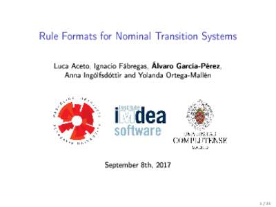 Rule Formats for Nominal Transition Systems Luca Aceto, Ignacio Fábregas, Álvaro García-Pérez, Anna Ingólfsdóttir and Yolanda Ortega-Mallén September 8th, 2017